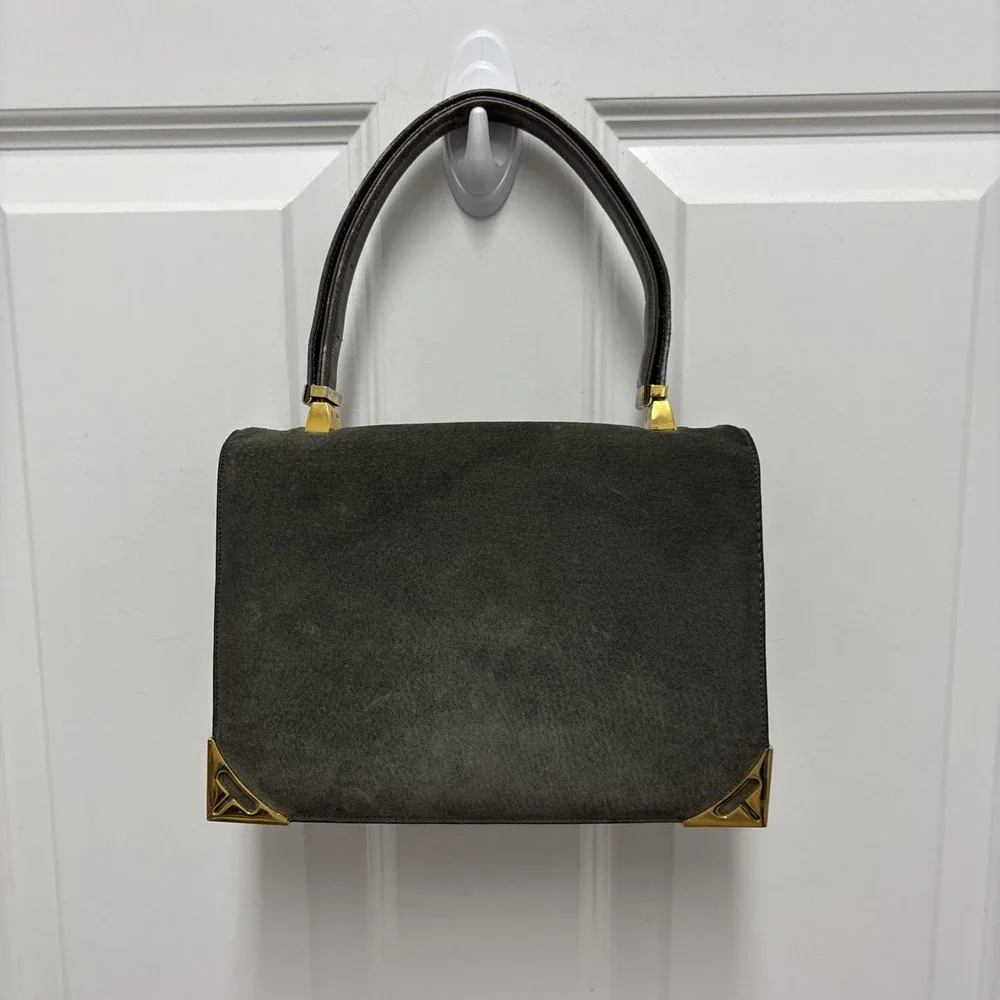 Koret Vintage Gray Neutral Suede‎ Evening Gold Accent Top Handle Handbag